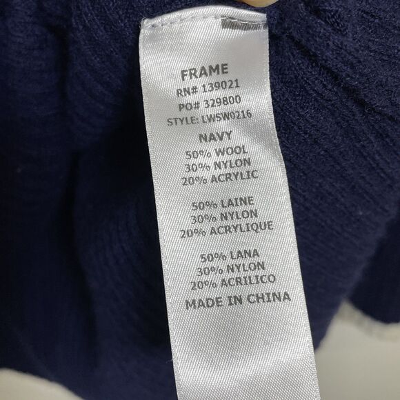 FRAME Double Ruffle-Cuff Rib-Knit Wool Sweater Navy Blue Supersoft Size Small - Picture 9 of 10